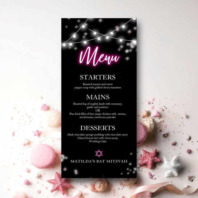  Bat Mitzvah Hot Pink Neon Themed Menu (Creator Uploaded)