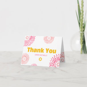 Bat Mitzvah Hot Pink Starburst Bold Yellow Type Thank You Card