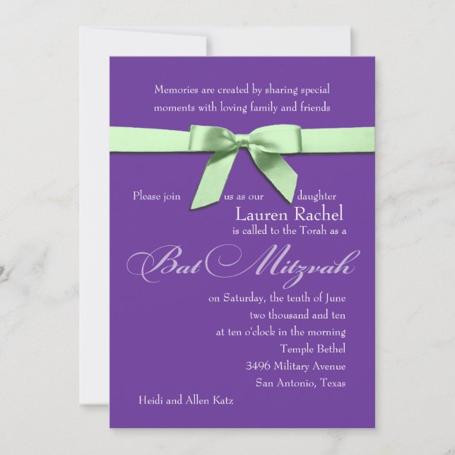 Bat Mitzvah Invitation Any Colour with Green Bow (Front)