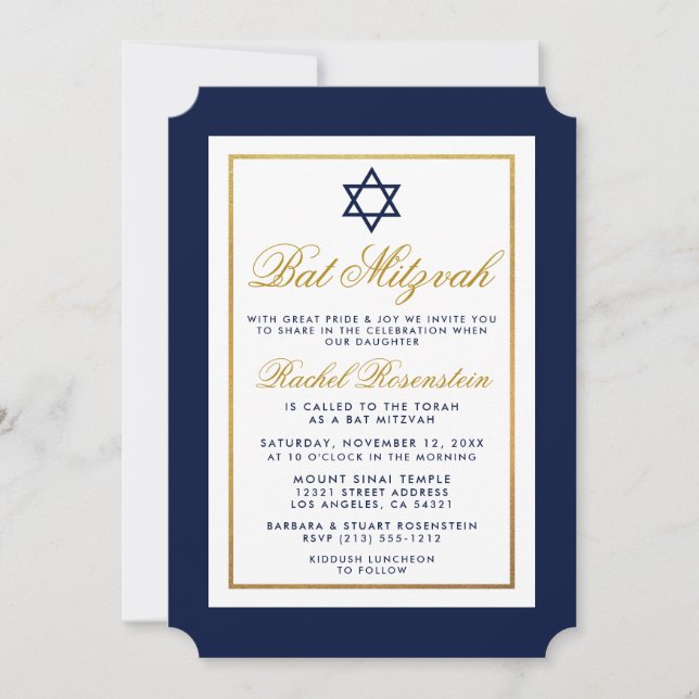 Bat Mitzvah Invitation Blue and Gold (Front)