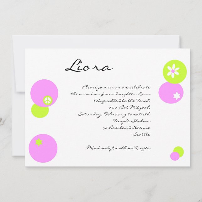 Bat Mitzvah Invitation CIrcles Pink Green (Front)