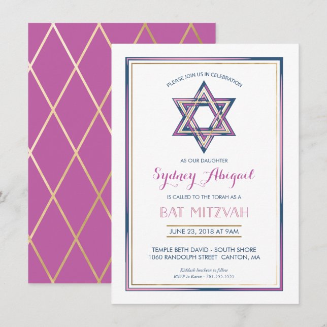 Bat Mitzvah Invitation - Customise, Gold, Modern (Front/Back)