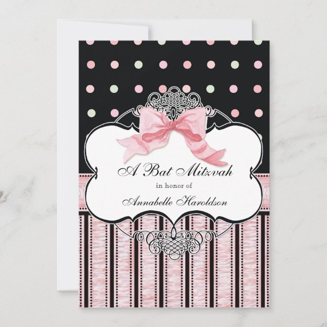 Bat Mitzvah Invitation - French Bow Dot Swirl (Front)