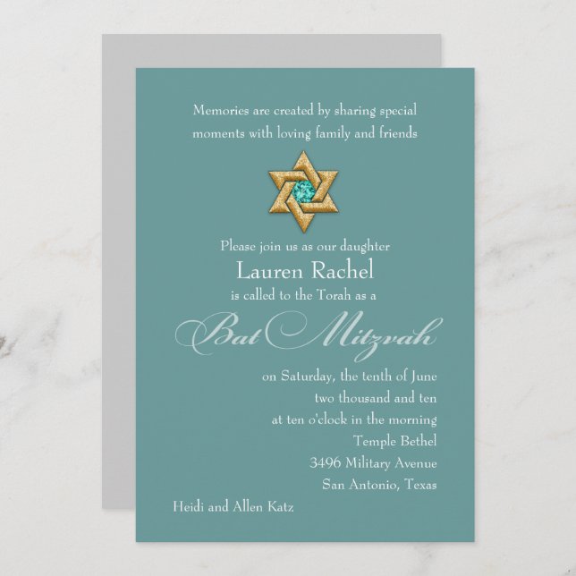 Bat Mitzvah Invitation Gold Star of David (Front/Back)