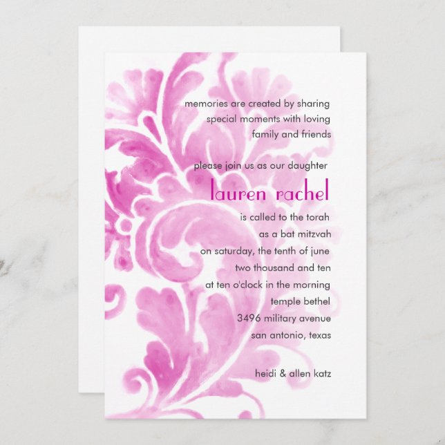 Bat Mitzvah Invitation Pink Plume (Front/Back)
