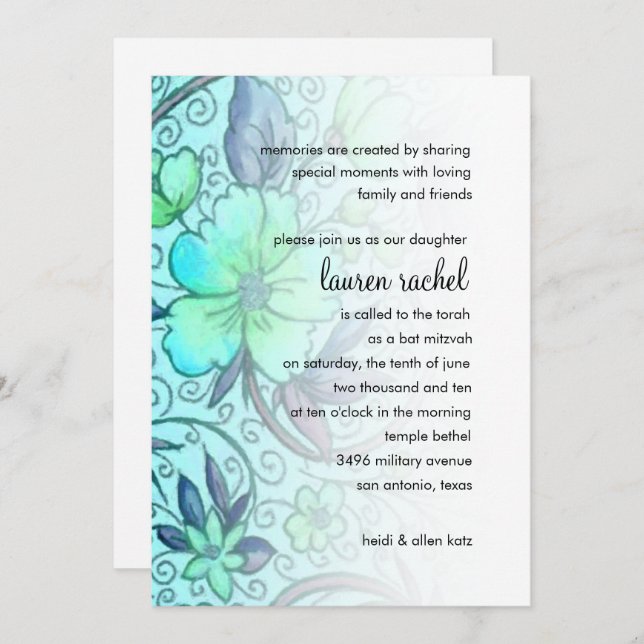Bat Mitzvah Invitation Sweet Floral Blue (Front/Back)