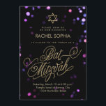 Bat Mitzvah Invitations | Elegant Purple & Gold<br><div class="desc">Sparkly bokeh confetti lights shimmer in translucent pink, purple and blue in the background of this glamourous Bat Mitzvah invitation, with a faux gold leaf Star of David and gold glitter marker writing "Bat Mitzvah" in a fancy script with lots of flourishes. Please note this is NOT real gold leaf...</div>