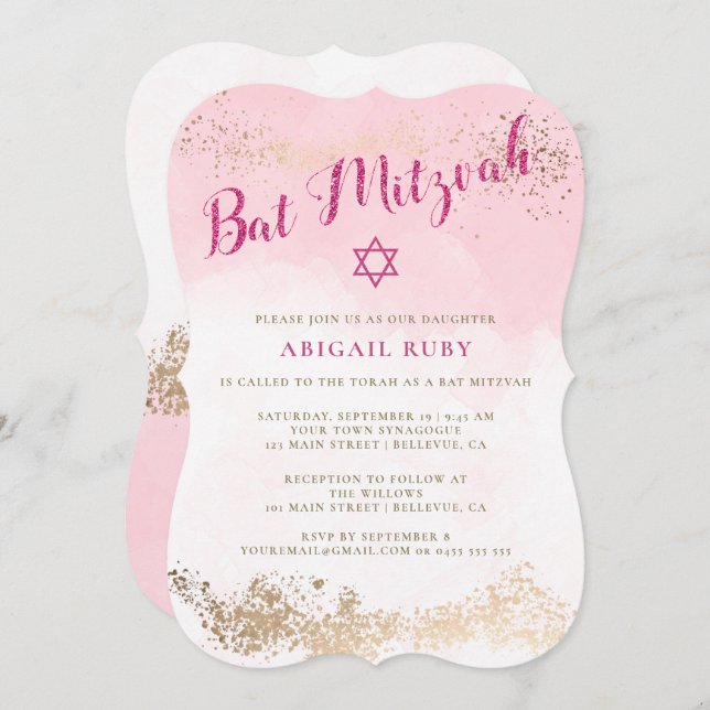 Bat Mitzvah Invitations | Pink & Gold Glitter 01 (Front/Back)