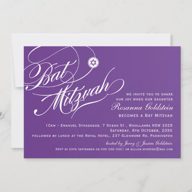 BAT MITZVAH INVITE stylish typography ombre purple (Front)