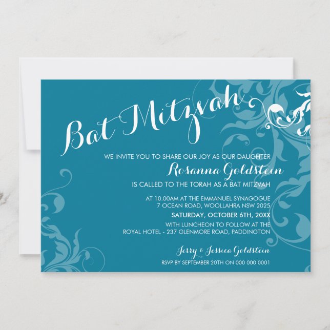 BAT MITZVAH INVITES elegant flourish turquoise (Front)