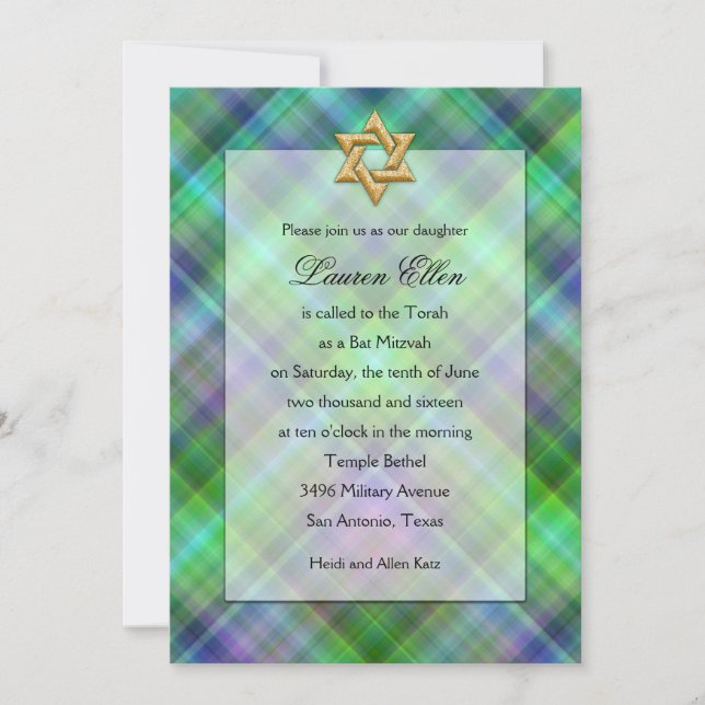 Bat Mitzvah Layered Look Plaid Invitation (Front)
