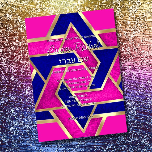 Bat Mitzvah Layered Stars of David  Hot Pink Blue Invitation (Creator Uploaded)