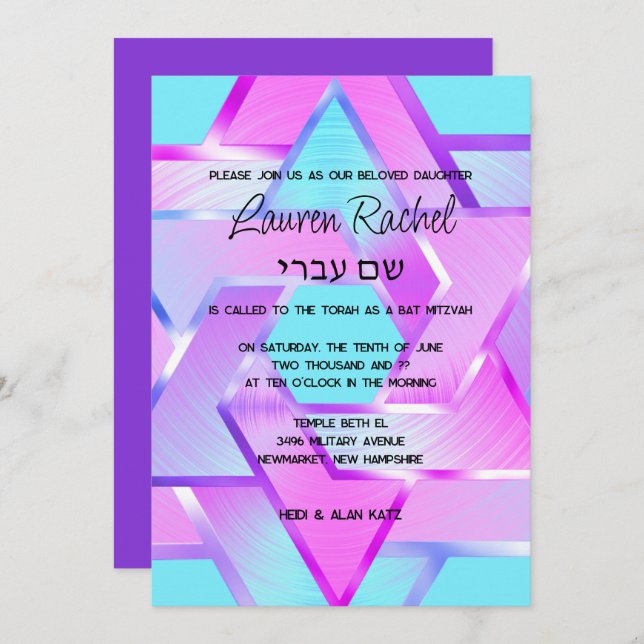 Bat Mitzvah Layered Stars of David Pink Aqua Purpl Invitation (Front/Back)