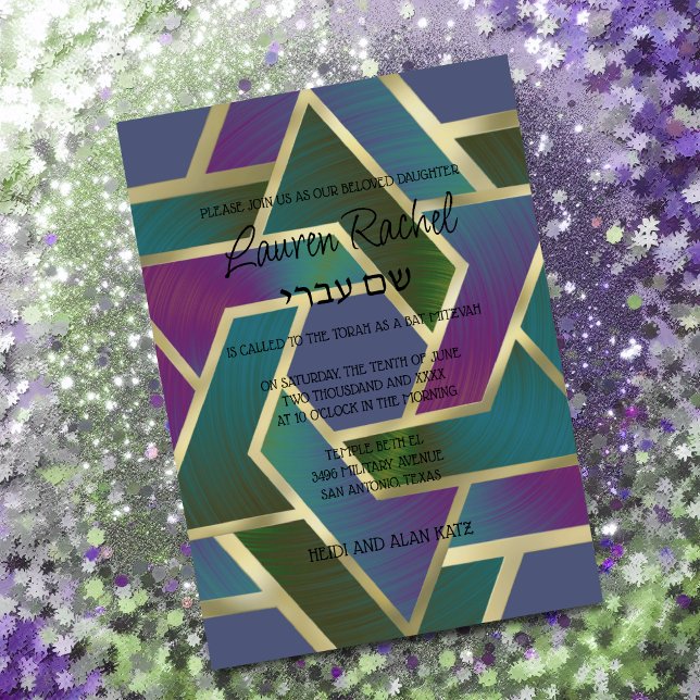 Bat Mitzvah Layered Stars of David Purple Blue  Invitation (Creator Uploaded)