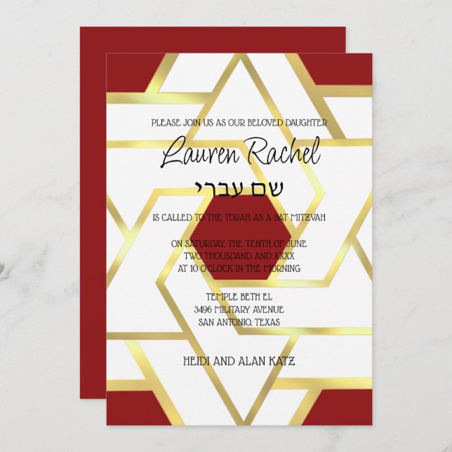 Bat Mitzvah Layered Stars of David White & Any Hue Invitation (Front/Back)