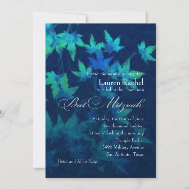 Bat Mitzvah Leaves Navy Blue Green Invitation (Front)
