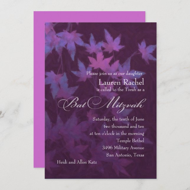Bat Mitzvah Leaves Purple Invitation (Front/Back)