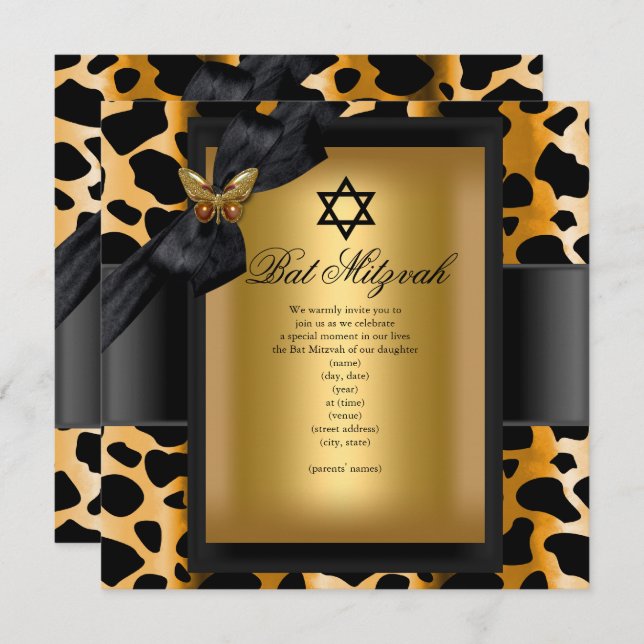 Bat Mitzvah Leopard Gold Black Butterfly Invitation (Front/Back)