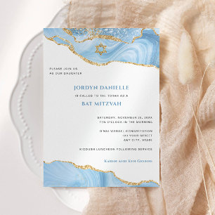 Bat Mitzvah, Light Blue and Gold Glitter Agate Invitation