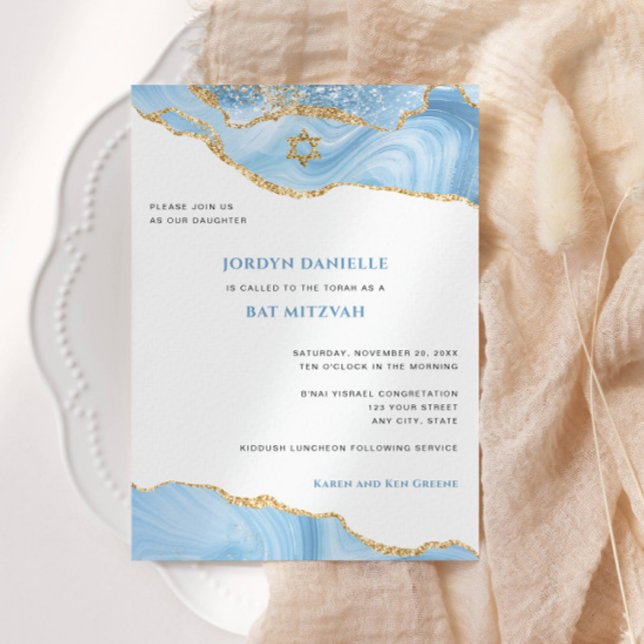 Bat Mitzvah, Light Blue and Gold Glitter Agate  Invitation (Creator Uploaded)