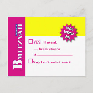 Bat Mitzvah Magaine RSVP Reply Card Yellow Pink