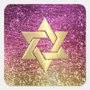 Bat Mitzvah Magenta Pink and Gold Glittery Square Sticker