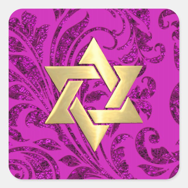 Bat Mitzvah Magenta Pink Glitter Damask Any Colour Square Sticker (Front)