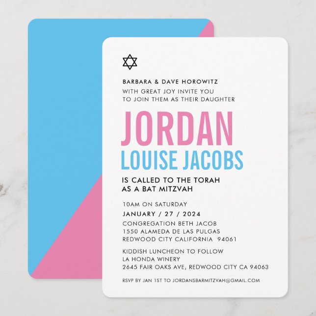 BAT MITZVAH modern basic bold colourful pink blue Invitation (Front/Back)