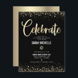 Bat Mitzvah Modern Black Gold Foil Glitter Script Enclosure Card<br><div class="desc">Be proud, rejoice and showcase this milestone of your favourite Bat Mitzvah! Include this stunning, modern, personalised insert for additional information to your event. Graphic faux gold foil calligraphy script, Star of David, and confetti, overlay a rich, dramatic, black background. Personalise the custom text with your Bat Mitzvah’s name, date,...</div>