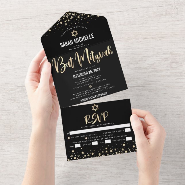 Bat Mitzvah Modern Black Gold Glitter Script Party All In One Invitation (Tearaway)
