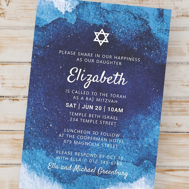 Bat Mitzvah Modern Blue Watercolor Invitation (Creator Uploaded)