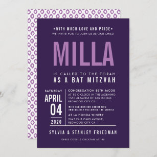 BAT MITZVAH modern bold block type purple lavender Invitation