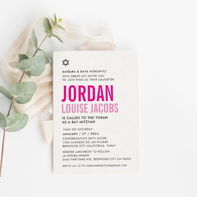 BAT MITZVAH modern bold colour pink names Invitation (Creator Uploaded)
