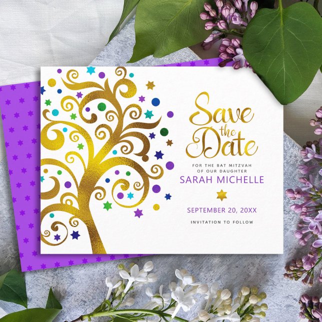 Bat Mitzvah Modern Bold Purple Gold Tree of Life Save The Date (Creator Uploaded)