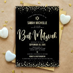 Bat Mitzvah Modern Bold Script Black Real Gold<br><div class="desc">Be proud, rejoice and showcase this milestone of your favourite Bat Mitzvah! Send out this stunning, modern, sophisticated, personalised invitation for an event to remember. Graphic real gold foil calligraphy script, bold type, Star of David, and confetti overlay a rich, dramatic, black background. A faux gold Star of David overlays...</div>