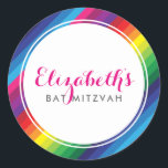 BAT MITZVAH modern colourful rainbow bright stripe Classic Round Sticker<br><div class="desc">by kat massard >>> https://linktr.ee/simplysweetpaperie <<< 
Love the design,  but would like to see some changes - another colour scheme,  product,  add a photo or adapted for a different occasion - no worries simply contact me,  kat@simplysweetPAPERIE.com - I am happy to help!</div>