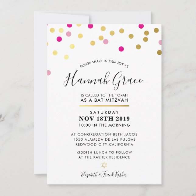 BAT MITZVAH modern fun confetti spots gold pink Invitation (Front)