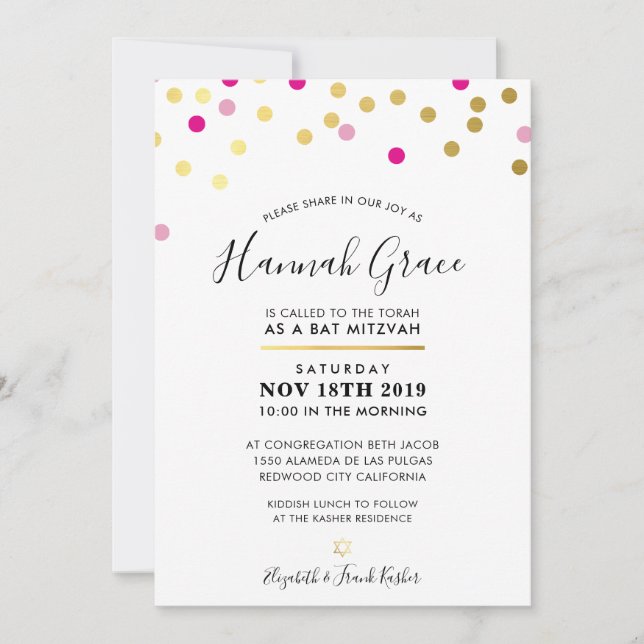BAT MITZVAH modern fun confetti spots gold pink Invitation (Front)