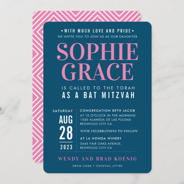 BAT MITZVAH modern geometric stack pink dark blue Invitation (Front/Back)