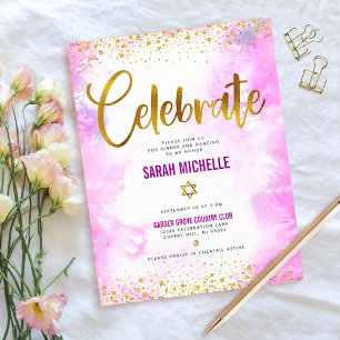 Bat Mitzvah modern girly gold foil pink watercolor Enclosure Card