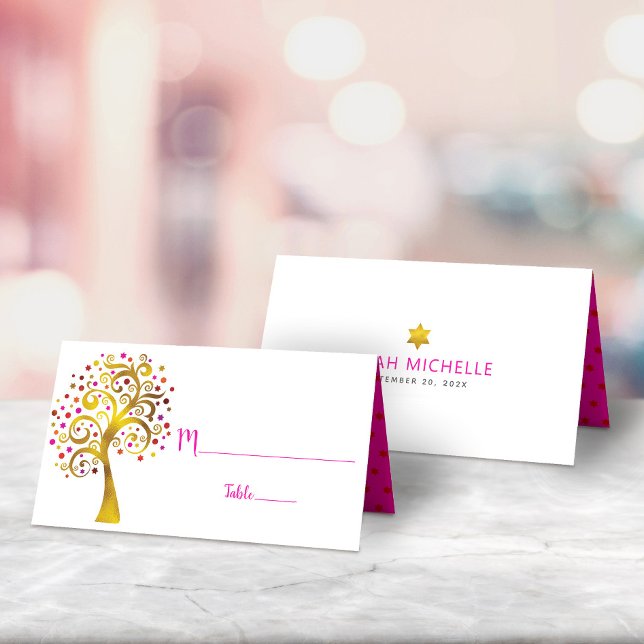 Bat Mitzvah Modern Gold and Pink Foil Tree of Life Place Card (Creator Uploaded)