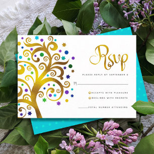 Bat Mitzvah Modern Gold Foil Blue Tree of Life RSVP Card