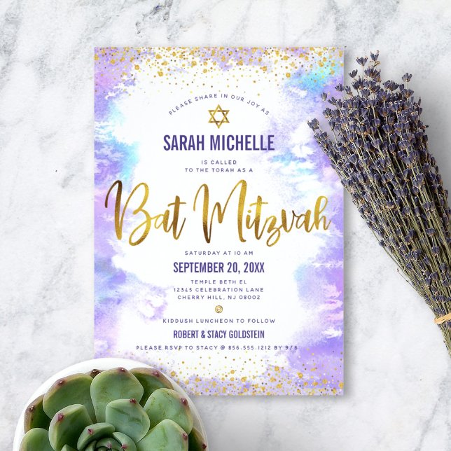 Bat Mitzvah modern gold foil purple watercolor Invitation (Creator Uploaded)