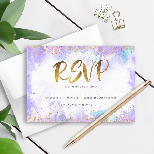 Bat Mitzvah modern gold foil purple watercolor RSVP Card (Creator Uploaded)