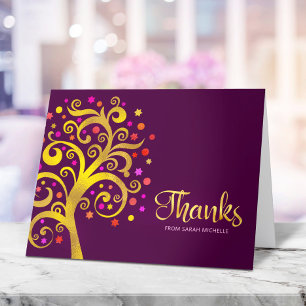 Bat Mitzvah Modern Gold Foil Tree of Life Burgundy Thank You Card