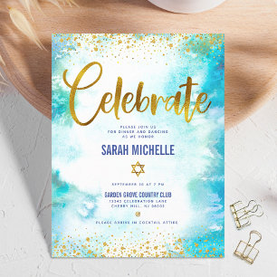 Bat Mitzvah modern gold foil turquoise watercolor Enclosure Card