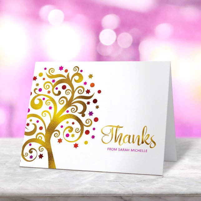 Bat Mitzvah Modern Gold Red Pink Foil Tree of Life Thank You Card (Creator Uploaded)