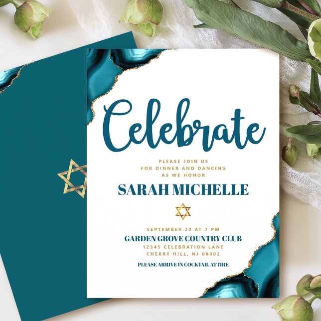 Bat Mitzvah Modern Gold Turquoise Agate Script Enclosure Card (Creator Uploaded)