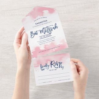 BAT MITZVAH modern hand lettered pink watercolor All In One Invitation