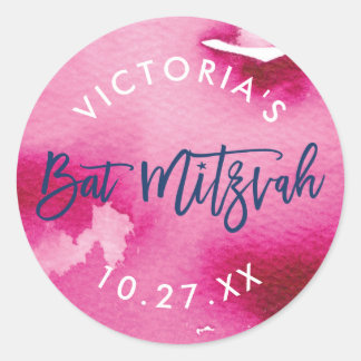 BAT MITZVAH modern lettered dark pink watercolor Classic Round Sticker
